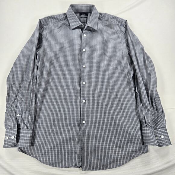 Hugo Boss Slim Fit Smoke Black Plaid Long Sleeve Button Up Shirt Men's Size 17 - Picture 1 of 8